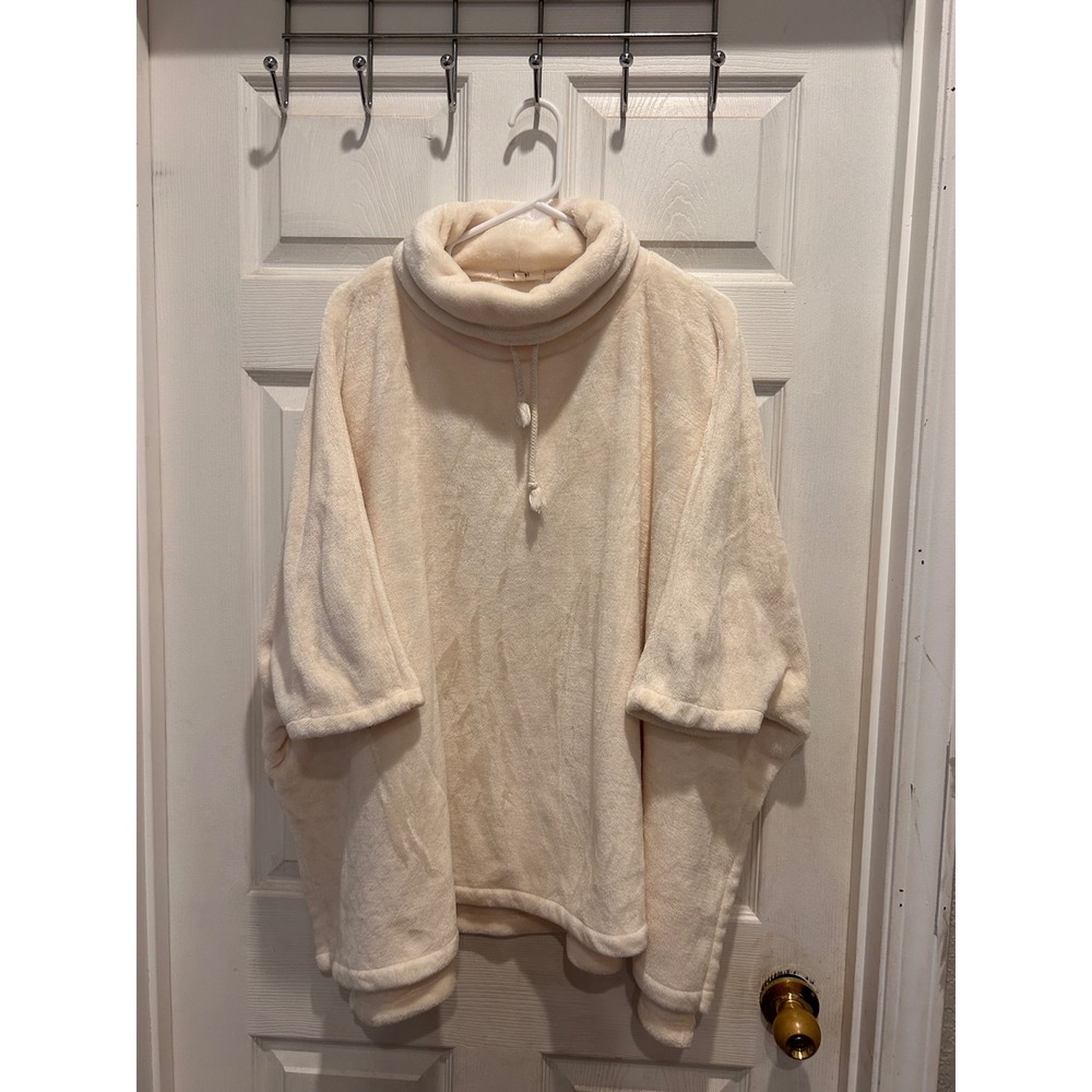 Easel Women Cream Plush Fleece Cowl Neck Poncho Pullover Sweater Large Ivory